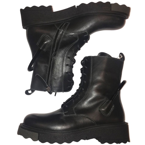 Divine Follie Made in Italy Leather Black Side Zip Combat Boot Woman’s Size 8 - Picture 6 of 13